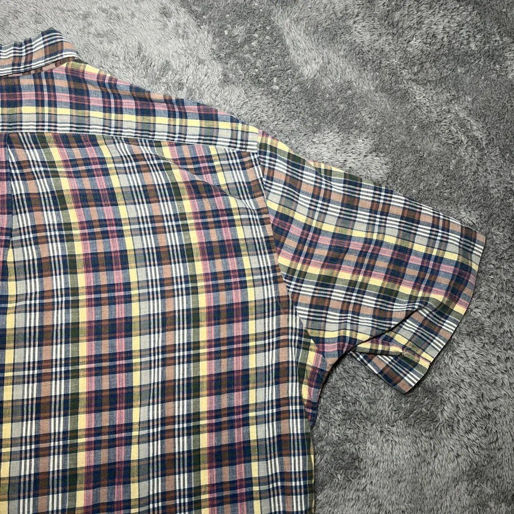 VTG Ralph Lauren Mcmeel Short Sleeve Plaid Polo Button Down Shirt Navy Pony SZ L